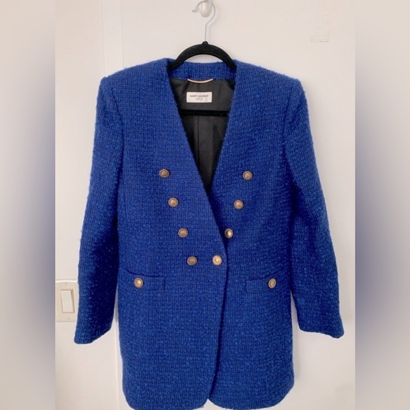 RARE Saint Laurent collarless blue tweed long blazer jacket NWT - Picture 7 of 14